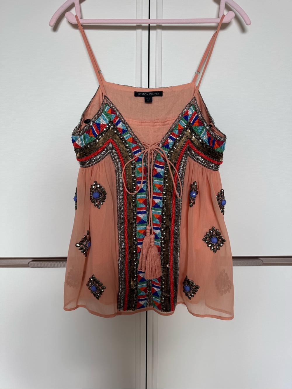 Boston Proper Peach Embellished Beaded Tassel Camisole